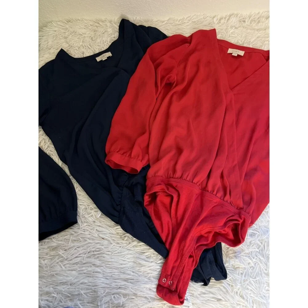 LOFT Navy and Red V-Neck Long Sleeve Blouse Set - Picture 2 of 6